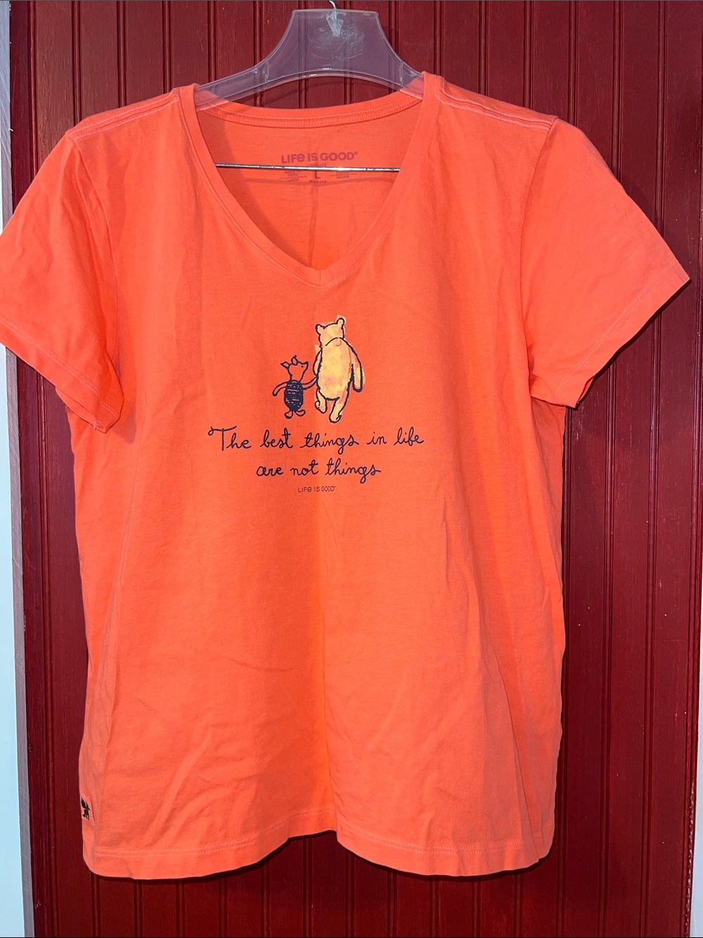 Life Is Good Orange V-Neck Tee with Winnie the Pooh & Piglet L